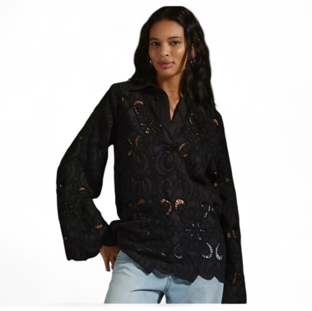 Anthropologie ESPECIA Moss Black Crochet Lace Blouse. Small. Boho Romantic Sheer